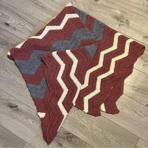 Hand Knitted Boho Chevron pattern Blanket Grey, Pink and Cream Full size